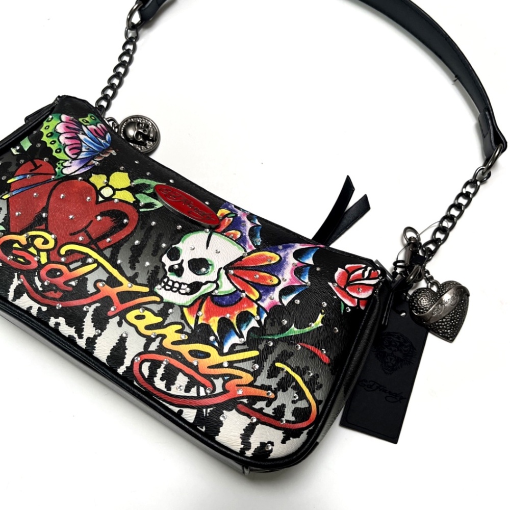 Ed Hardy Skull Heart Flame Shoulder Bag Y2K Tattoo Crossbody Studded Rhinestone - Picture 2 of 11